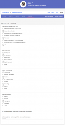 Experience sampling questionnaire options